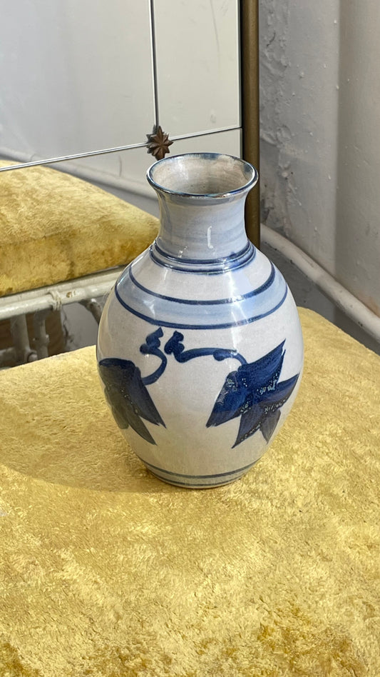 Turned Ceramic Vase with Hand Painted Blue Floral Decoration