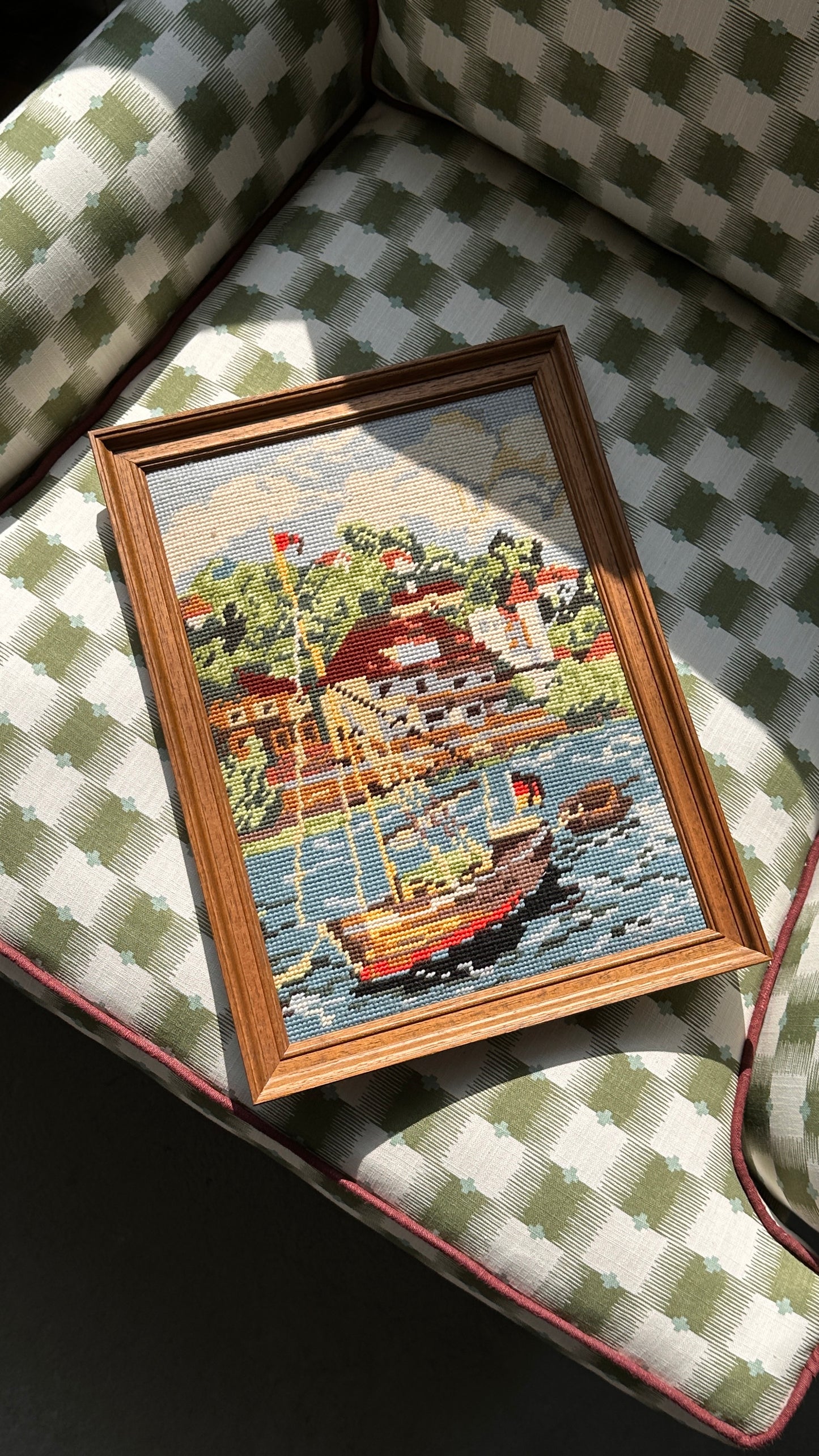 Framed Needlepoint of Waterfront Town