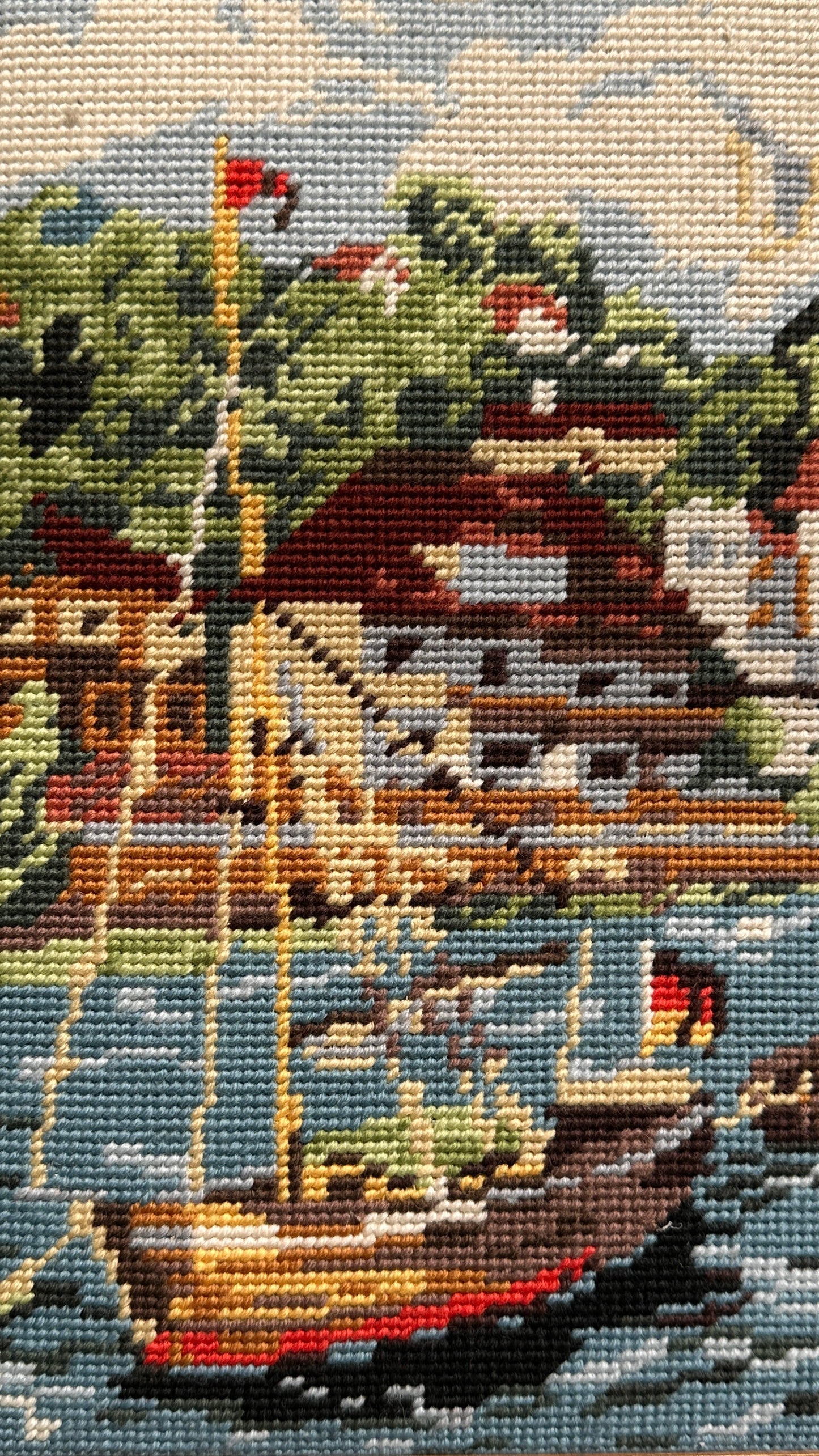 Framed Needlepoint of Waterfront Town