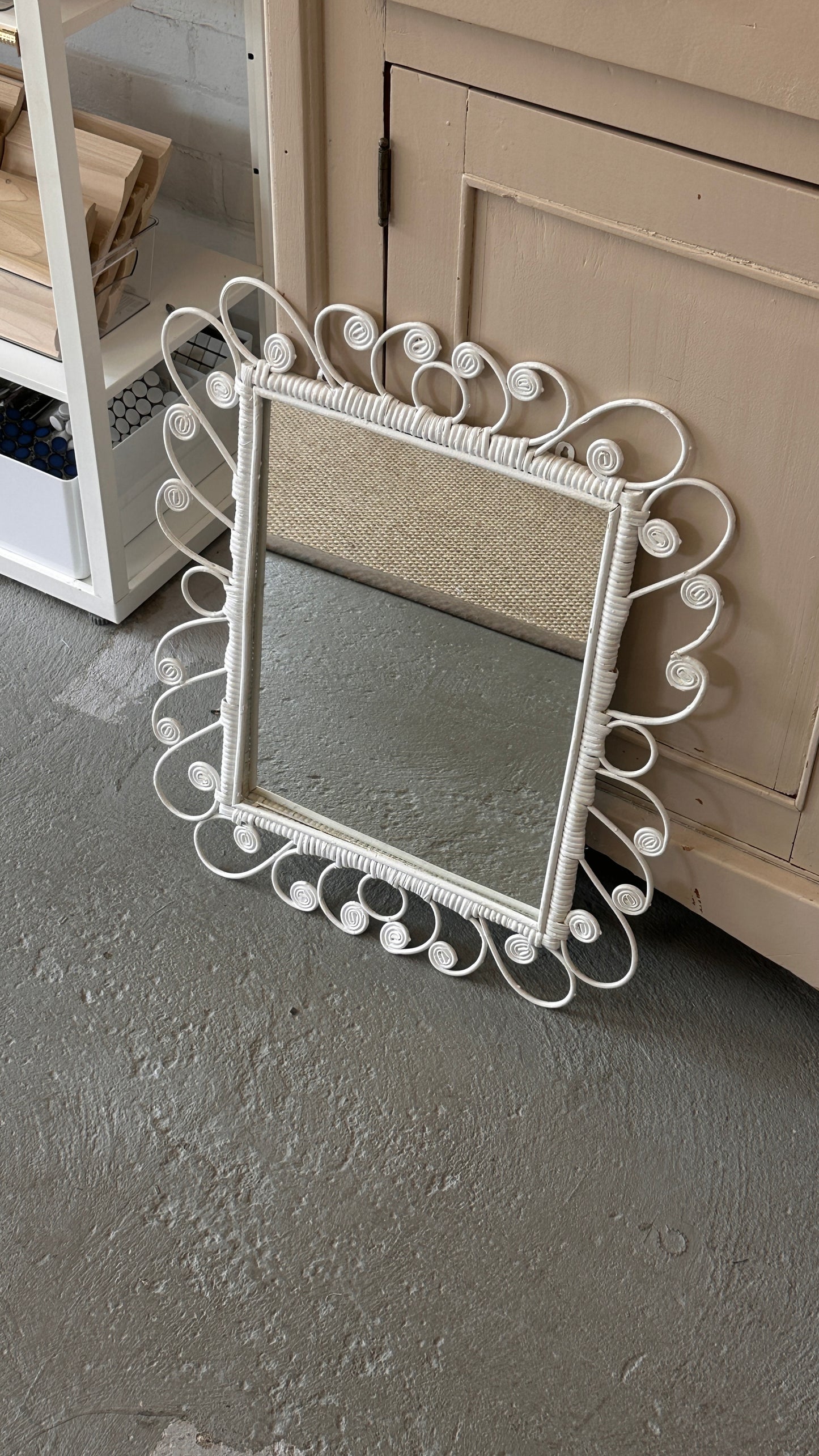 White Curled Wicker Mirror