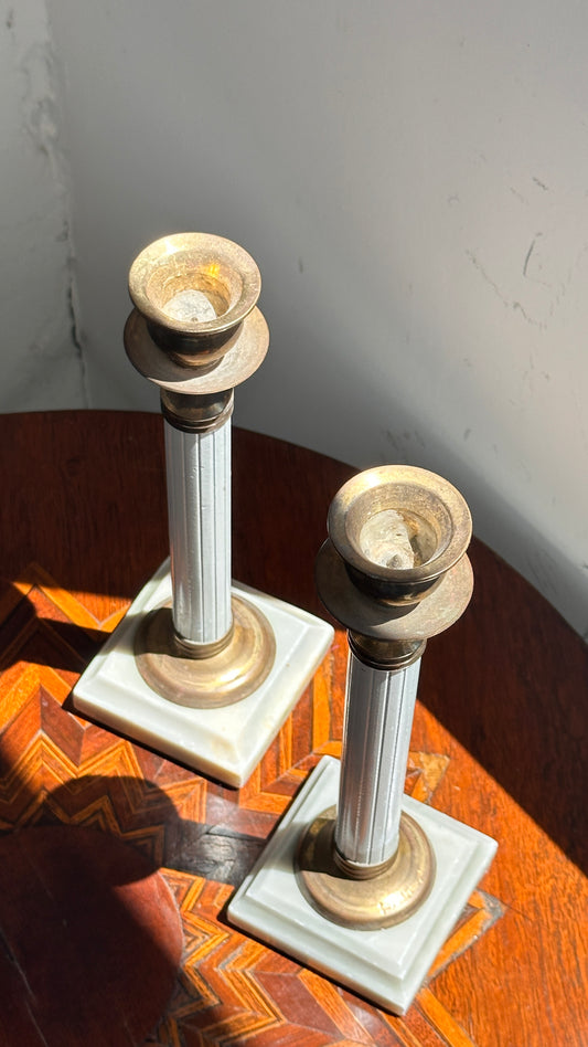 Pair of Gustavian StyleBrass Candle Holders with Marble Bases