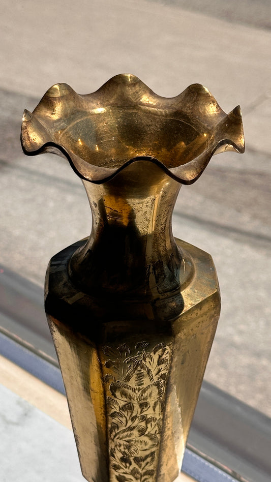 Etched Brass Vase with Ruffled Rim