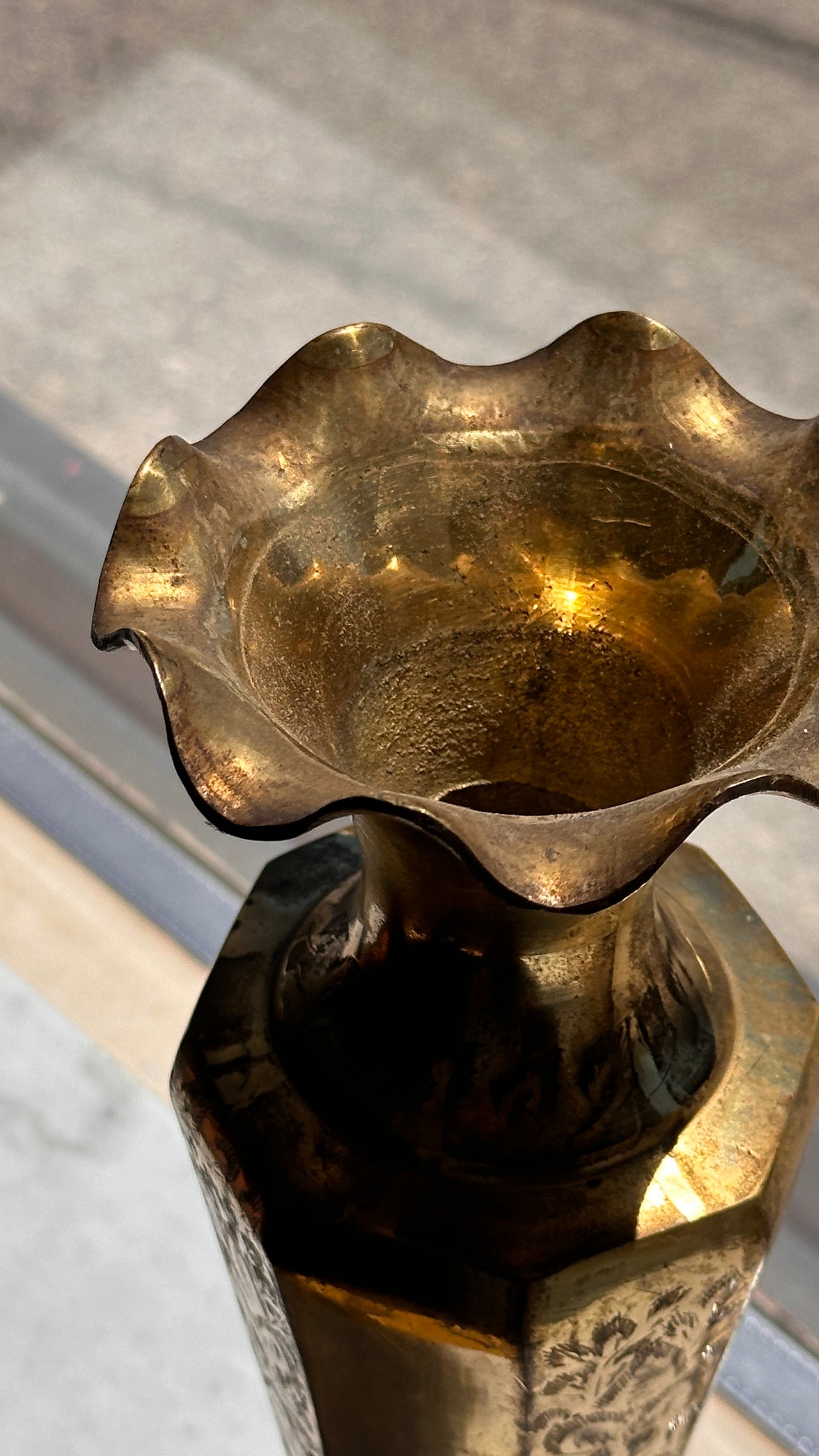 Etched Brass Vase with Ruffled Rim