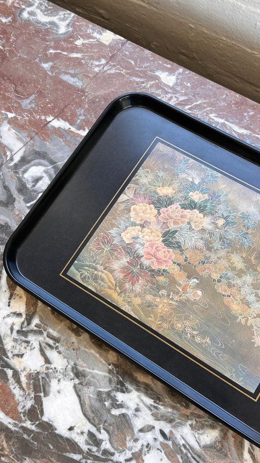 Black Serving Tray with Floral Design