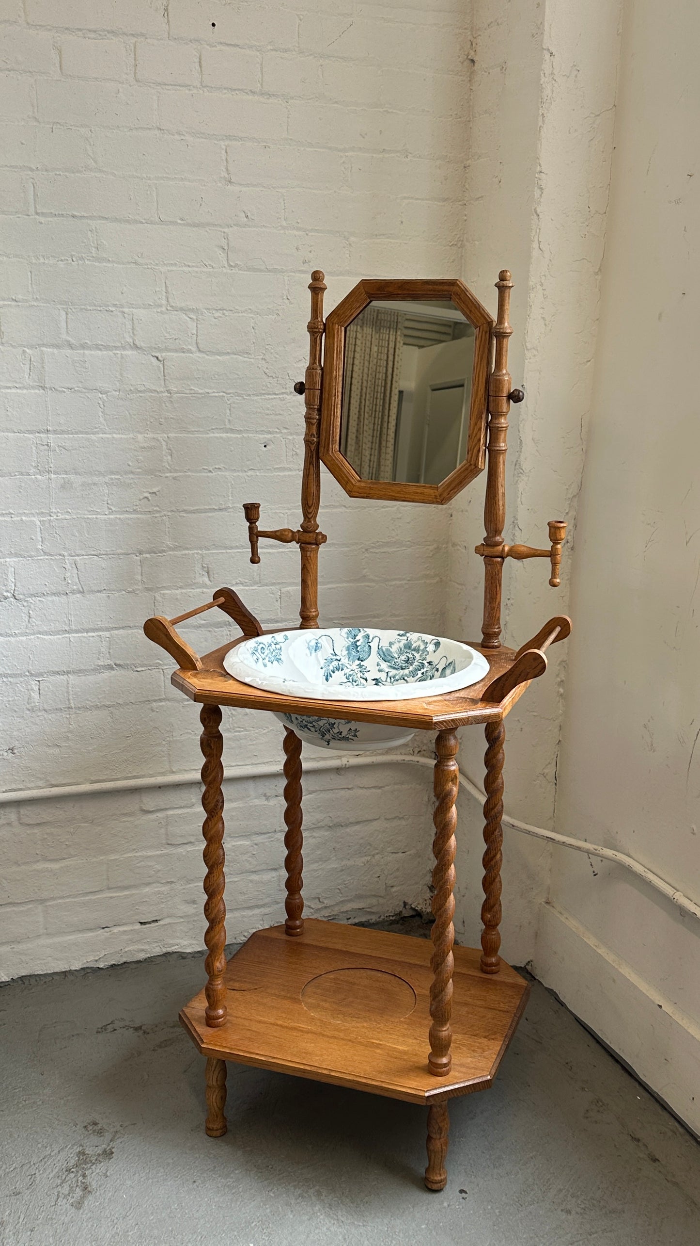 Vintage Barley Twist Washstand with Mirror and Decorated Ceramic Basin
