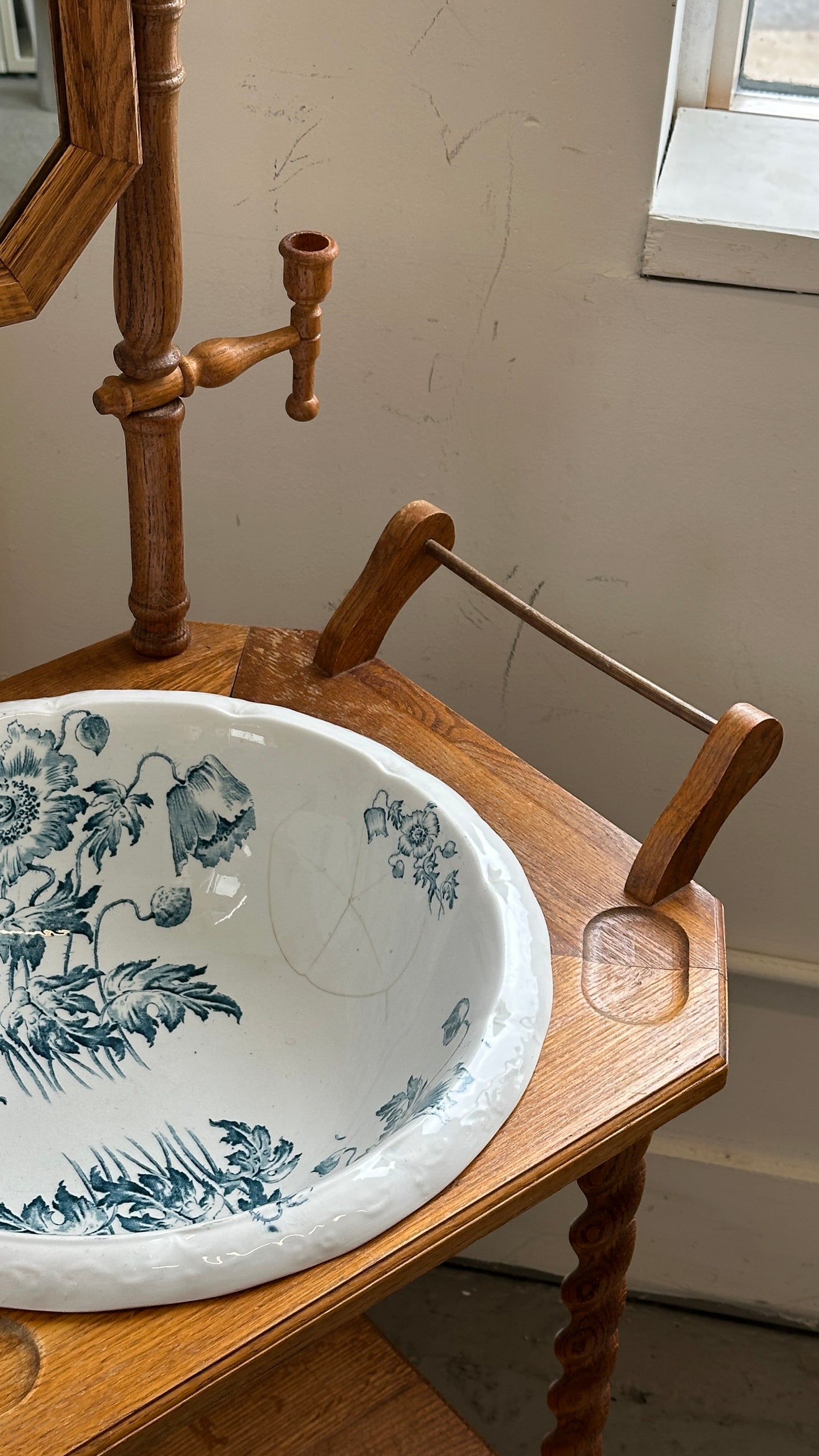Vintage Barley Twist Washstand with Mirror and Decorated Ceramic Basin