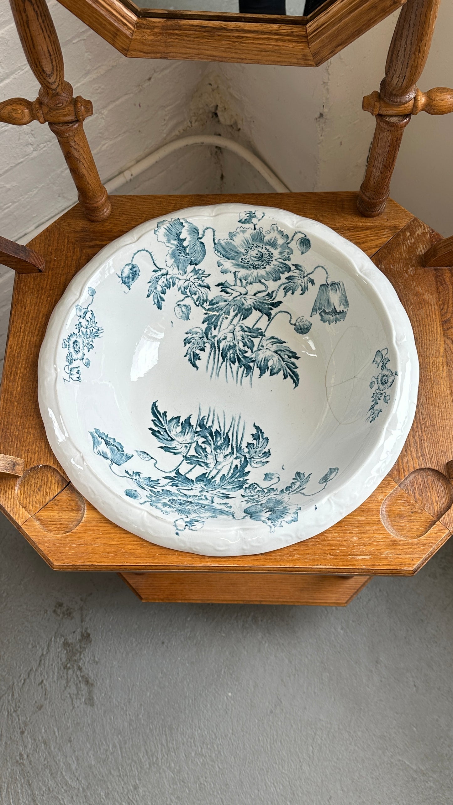 Vintage Barley Twist Washstand with Mirror and Decorated Ceramic Basin