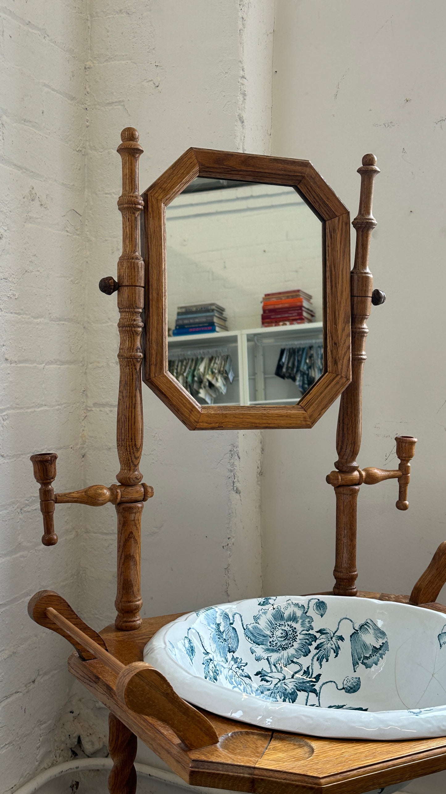 Vintage Barley Twist Washstand with Mirror and Decorated Ceramic Basin