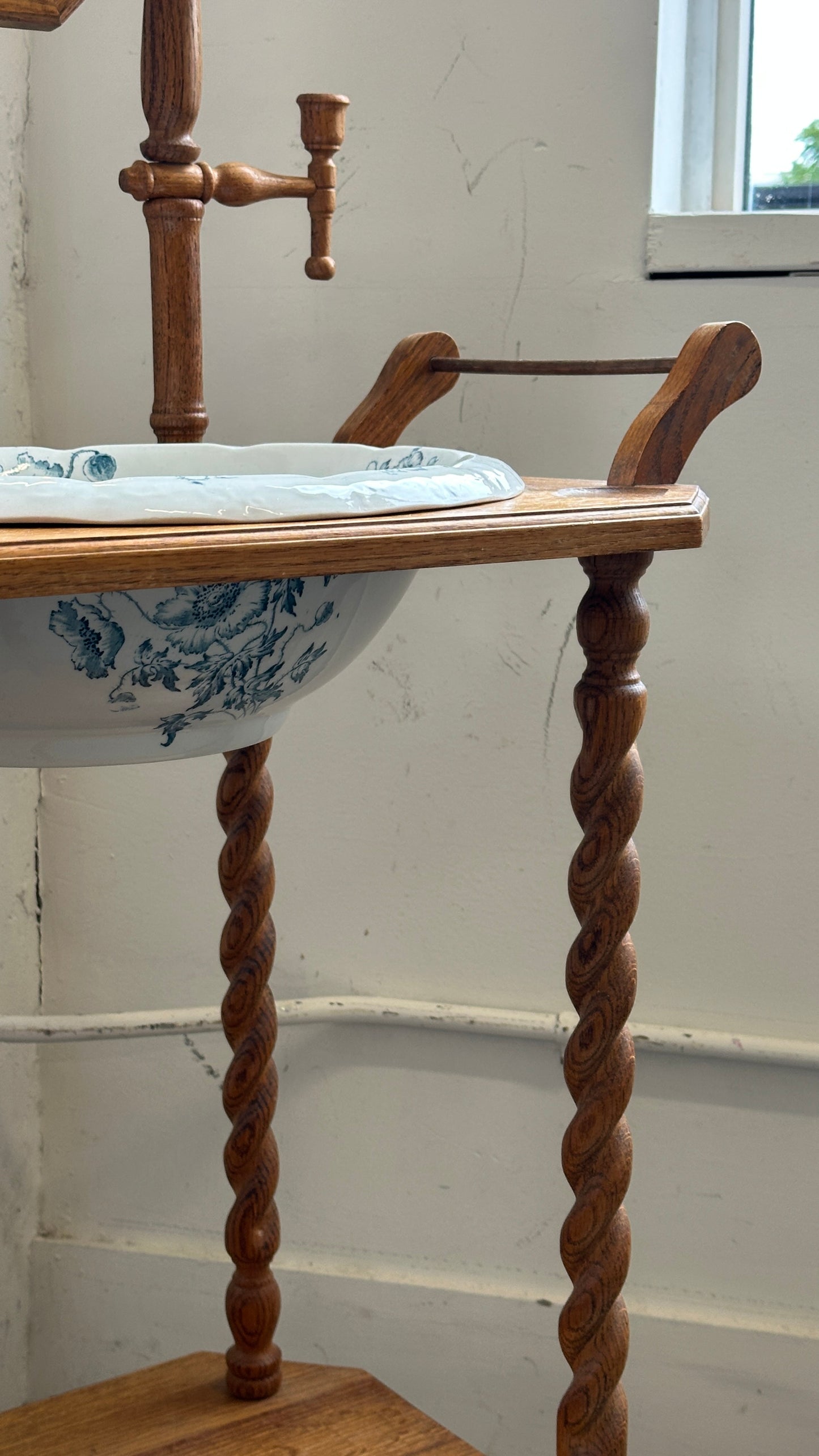 Vintage Barley Twist Washstand with Mirror and Decorated Ceramic Basin