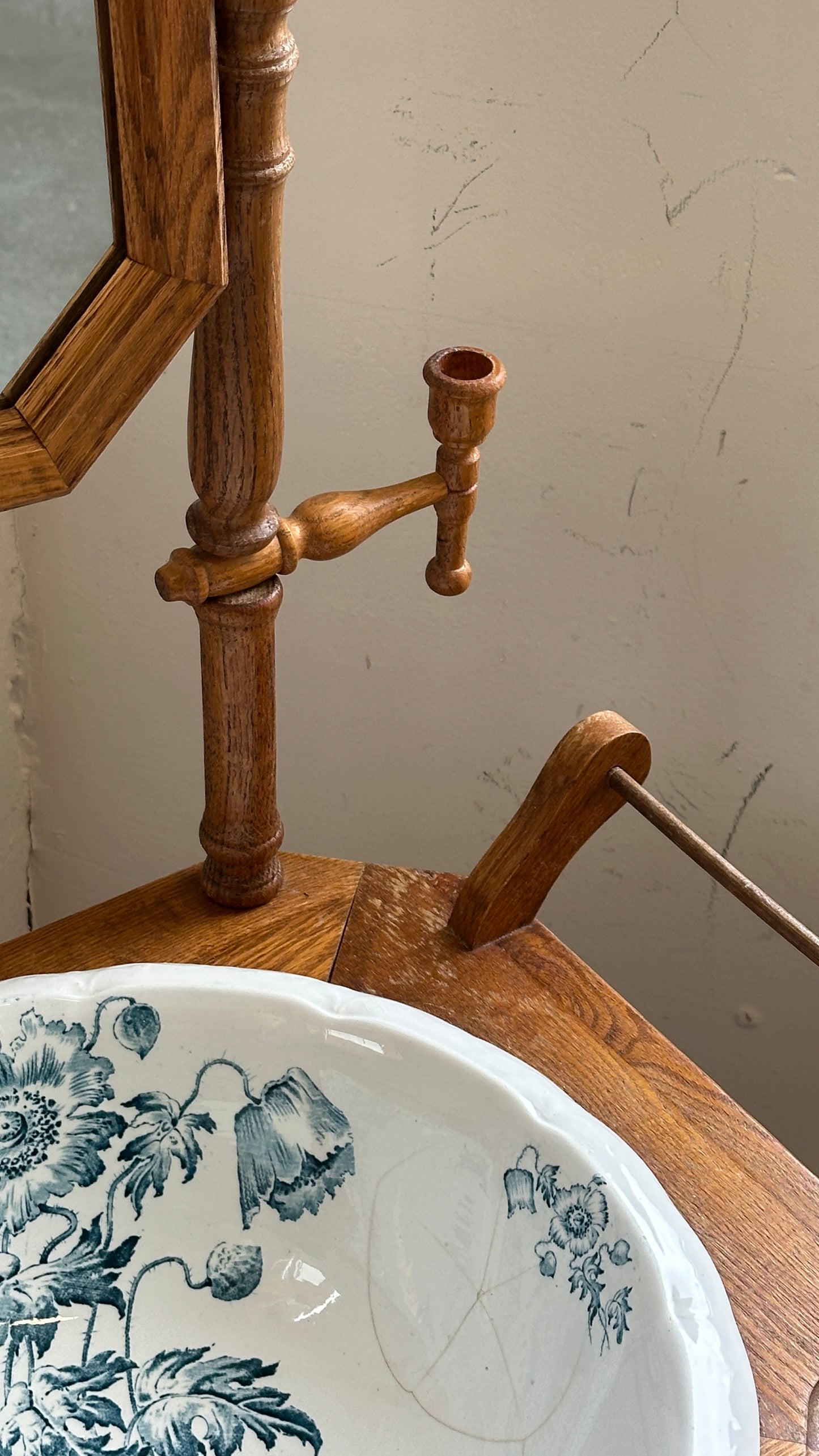 Vintage Barley Twist Washstand with Mirror and Decorated Ceramic Basin