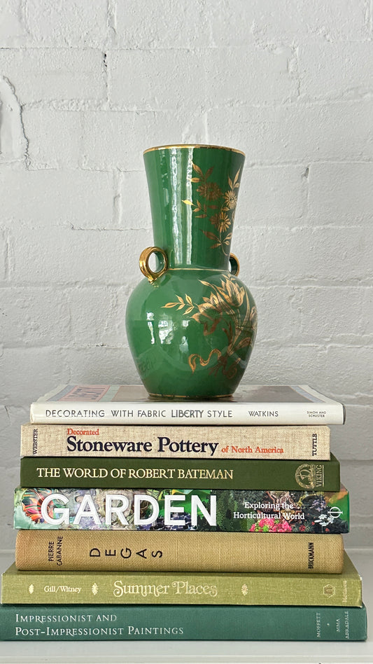 Vintage Green Ceramic Vase with Gold Leaf Floral Decoration