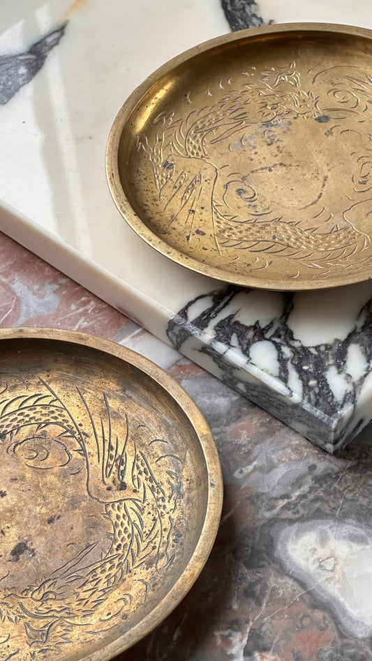 Pair of Vintage Engraved Brass Chinese Dishes