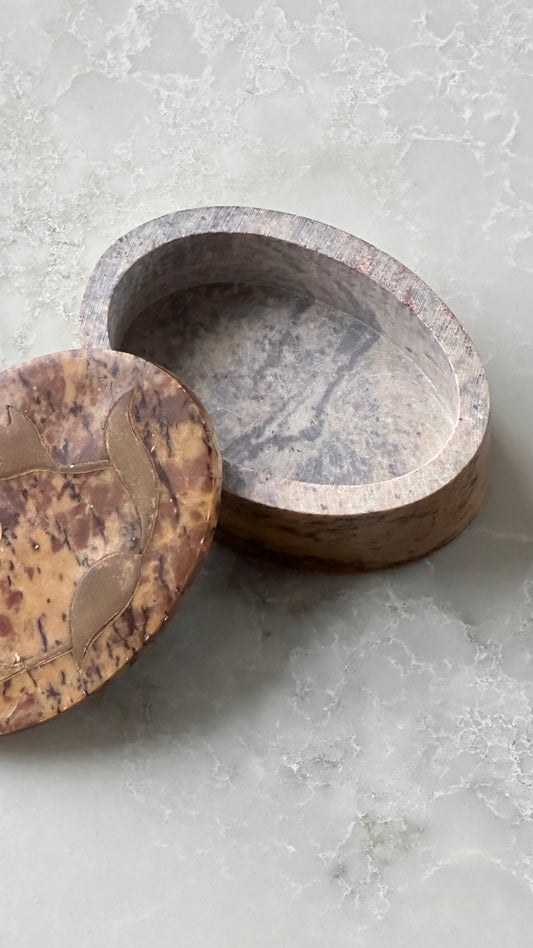 Small Indian Stone Trinket Box with Brass Floral Inlay