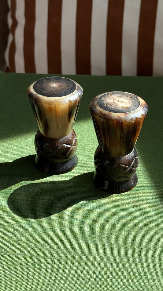 Thistle Shaped Carved Horn Salt and Pepper Shakers