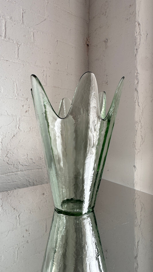 Vintage Lotus Shaped Green Art Glass Vase