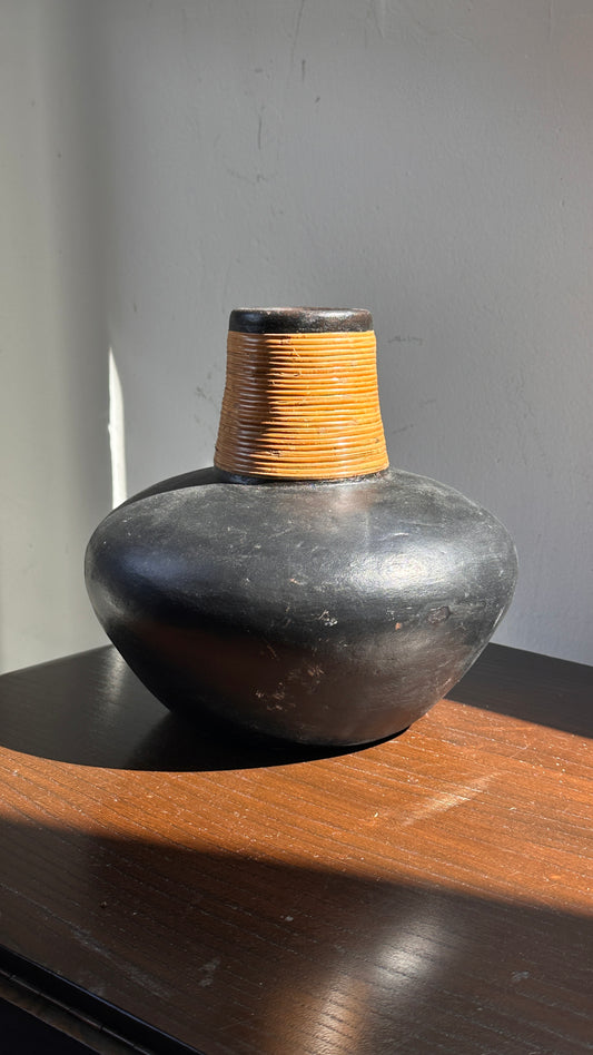 Charcol Clay Vase with Cane Wrapped Neck