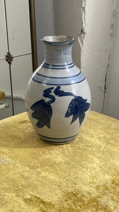 Turned Ceramic Vase with Hand Painted Blue Floral Decoration