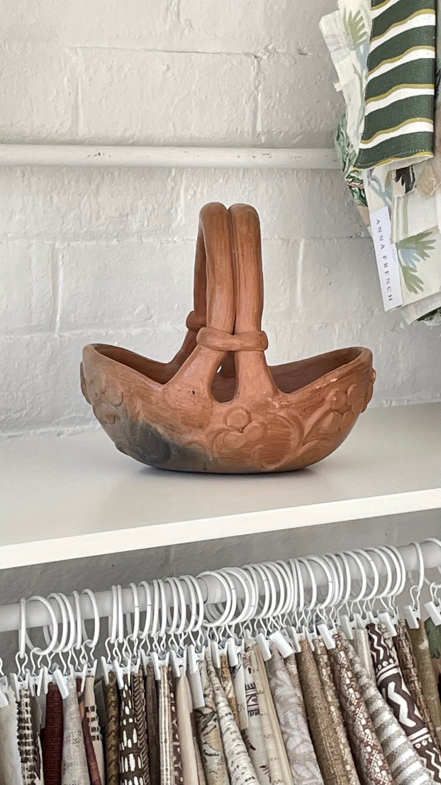 Floral Decorated Earthenware Basket with Handle