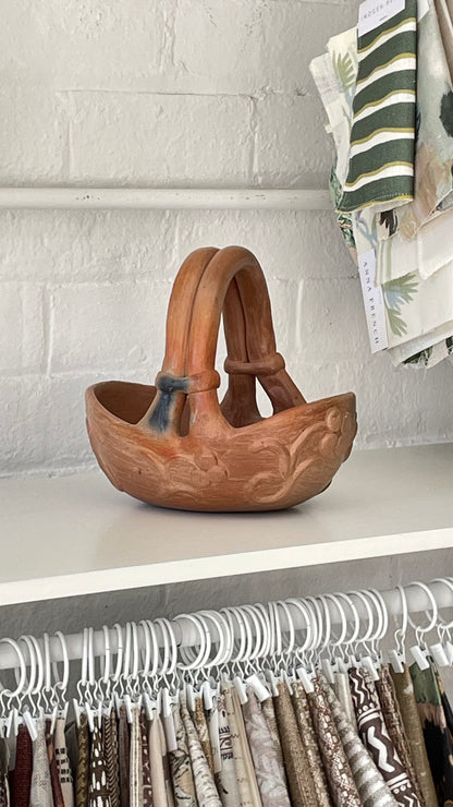 Floral Decorated Earthenware Basket with Handle