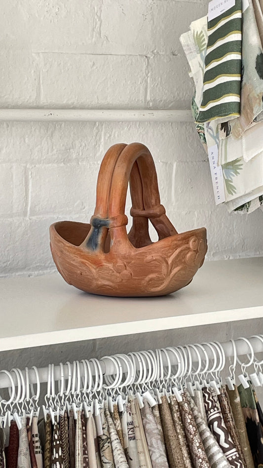 Floral Decorated Earthenware Basket with Handle