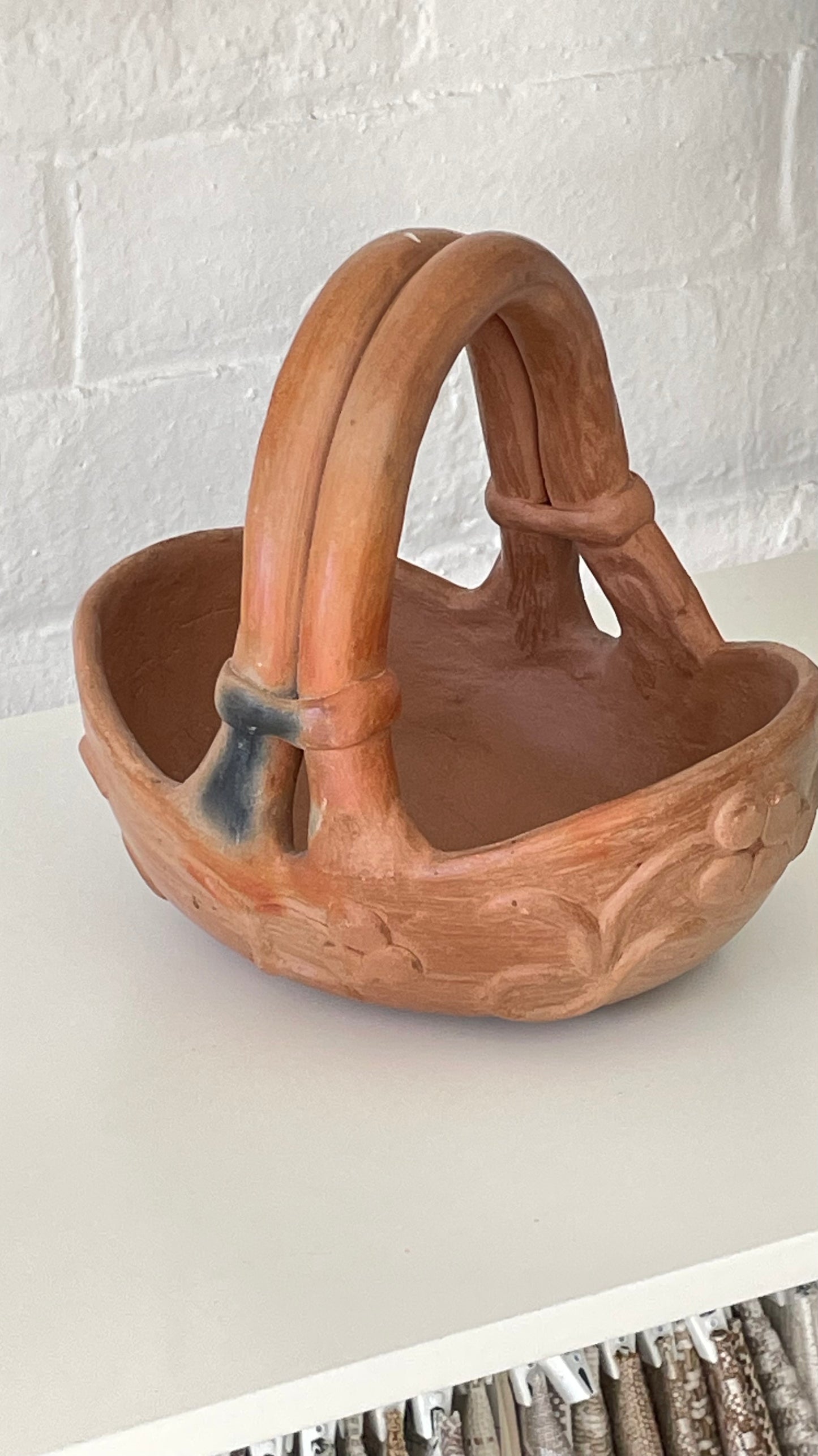 Floral Decorated Earthenware Basket with Handle