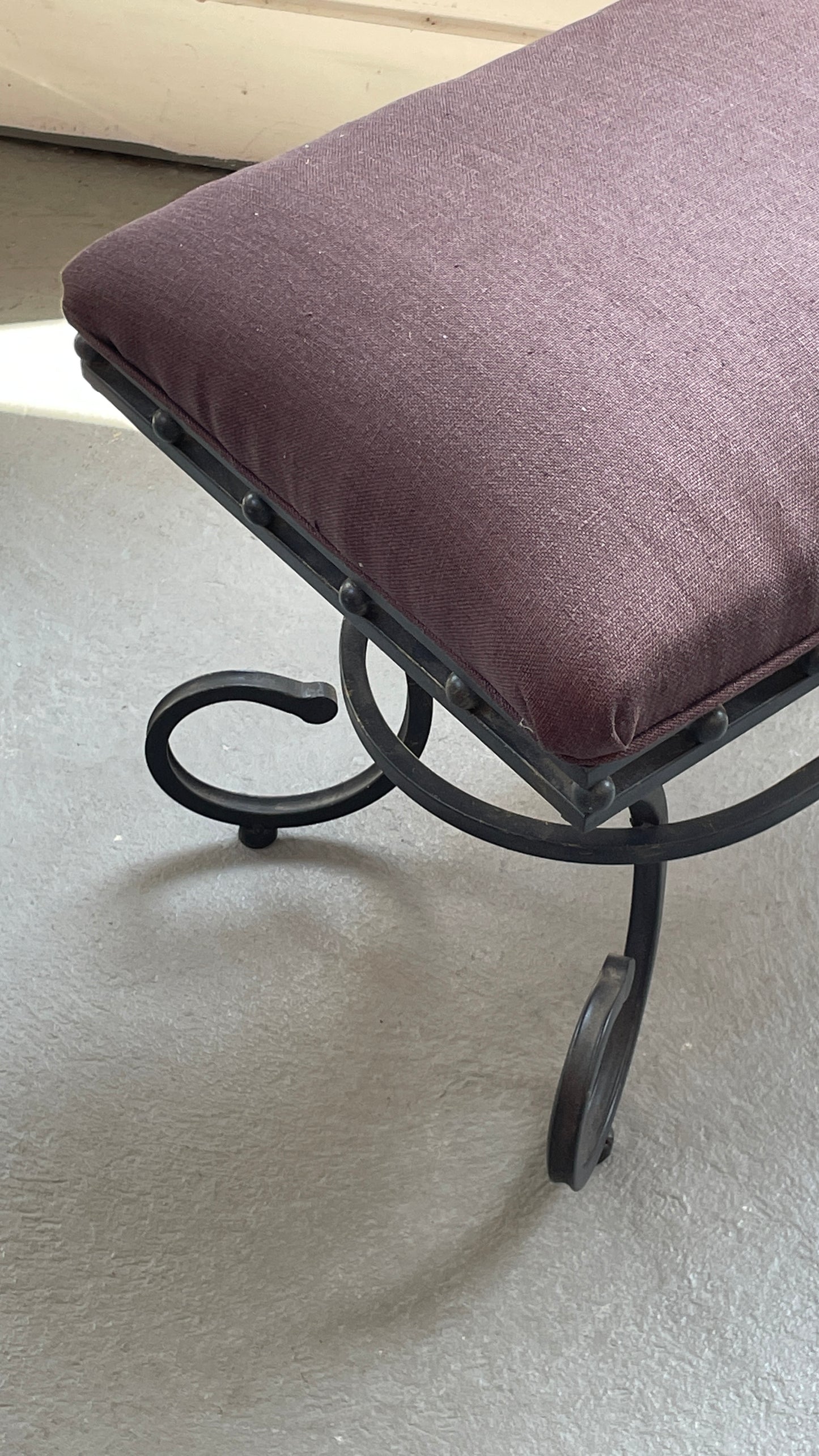 Curled Steel Bench with Custom Upholstery