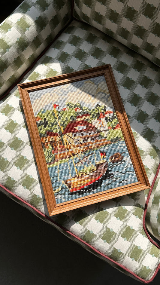 Framed Needlepoint of Waterfront Town