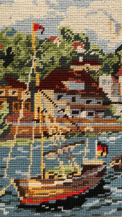 Framed Needlepoint of Waterfront Town