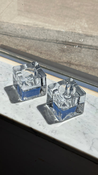 Pair of Crystal Candle Holders by Goron Warff for Orrefors Sweden