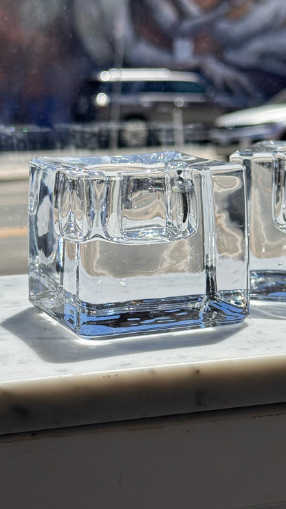 Pair of Crystal Candle Holders by Goron Warff for Orrefors Sweden