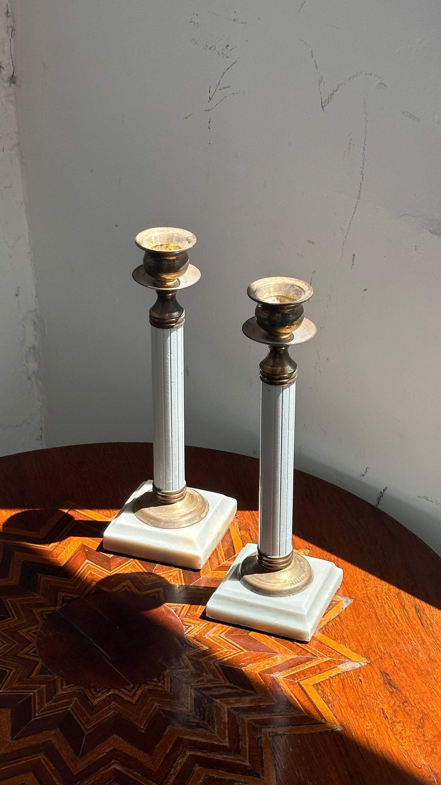 Pair of Gustavian StyleBrass Candle Holders with Marble Bases