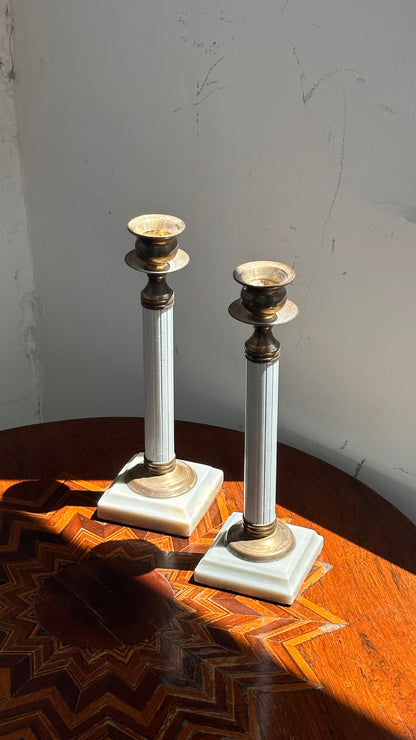 Pair of Gustavian StyleBrass Candle Holders with Marble Bases