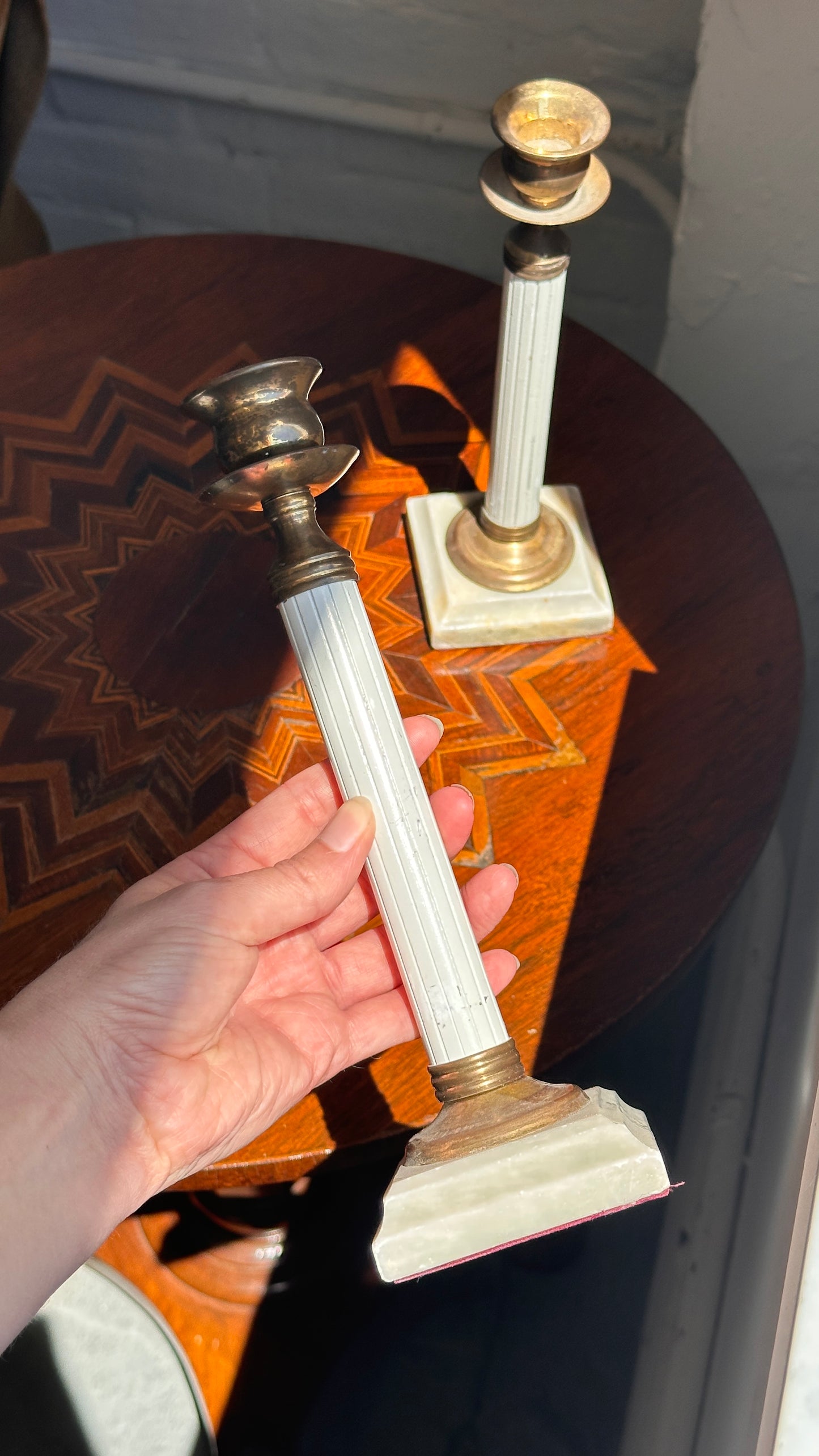 Pair of Gustavian StyleBrass Candle Holders with Marble Bases