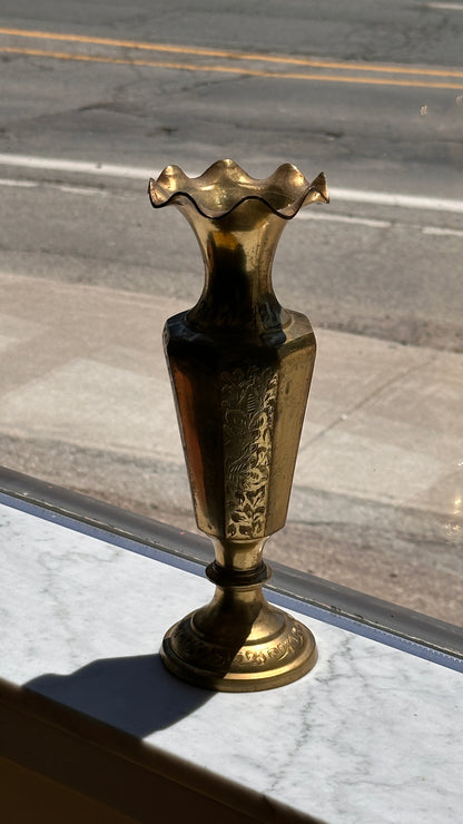 Etched Brass Vase with Ruffled Rim