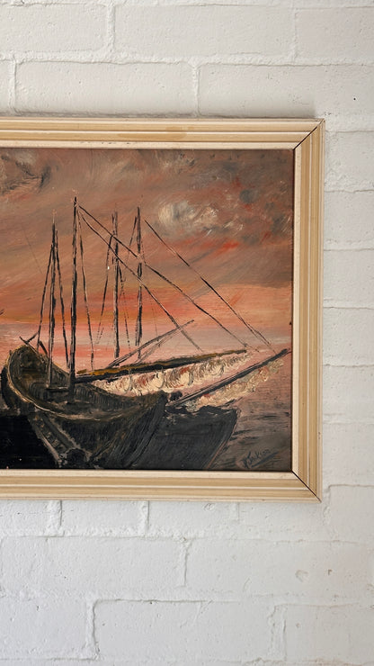 Vintage Seascape Painting on Board by P Jackson