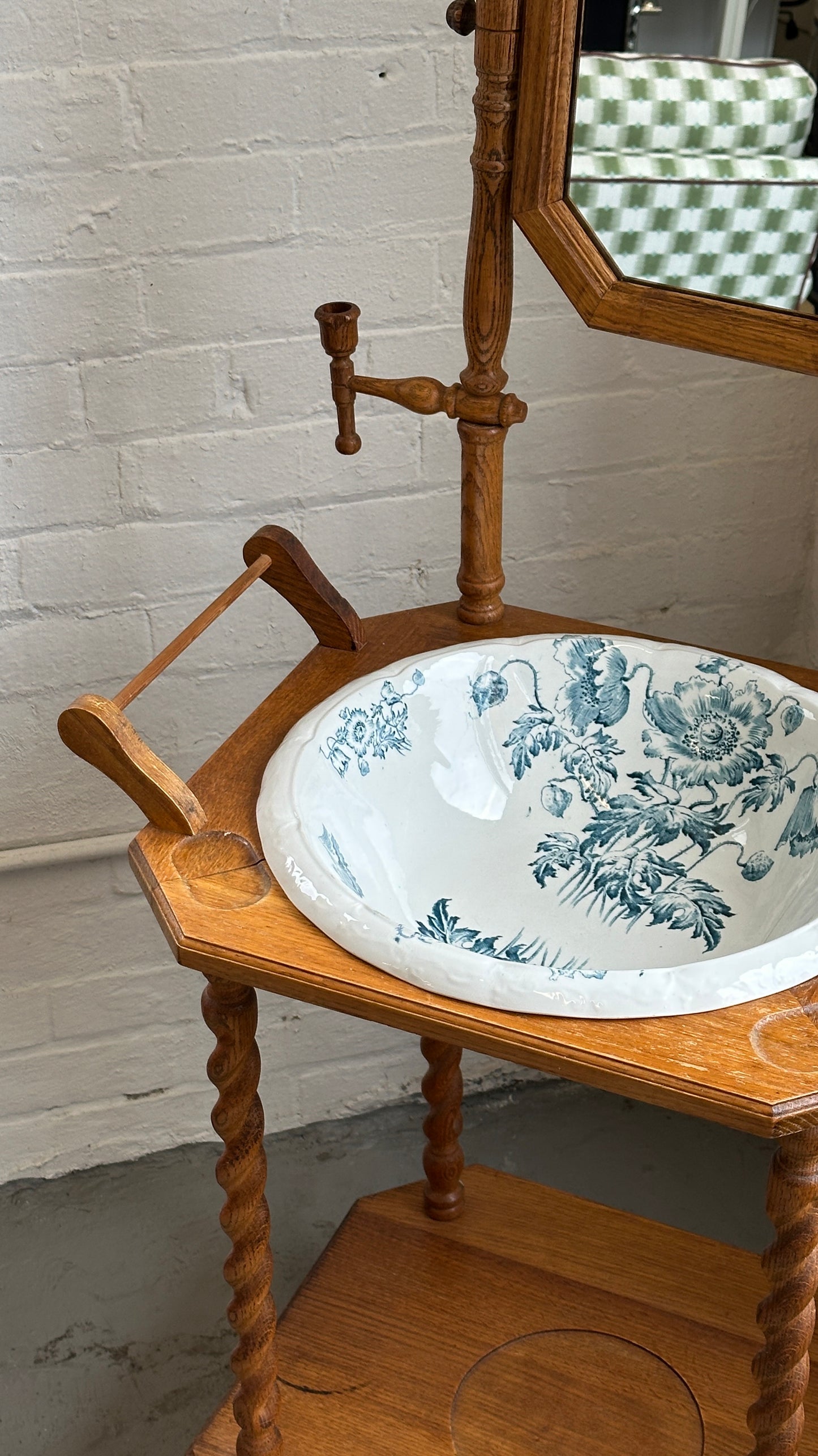 Vintage Barley Twist Washstand with Mirror and Decorated Ceramic Basin