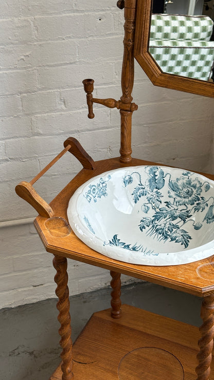 Vintage Barley Twist Washstand with Mirror and Decorated Ceramic Basin