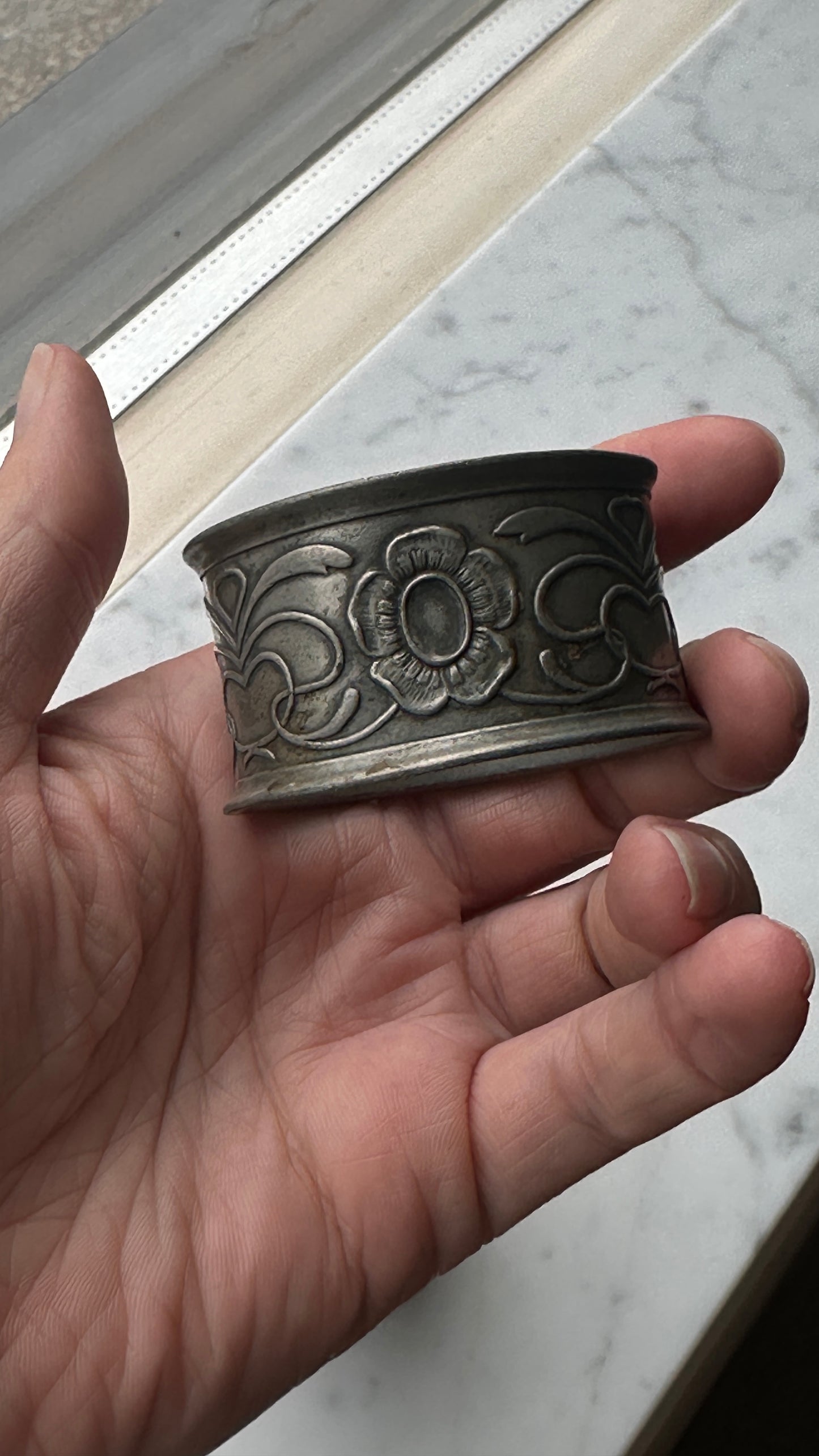 Set of 3 Silver Napkin Rings with Embossed Floral Motifs