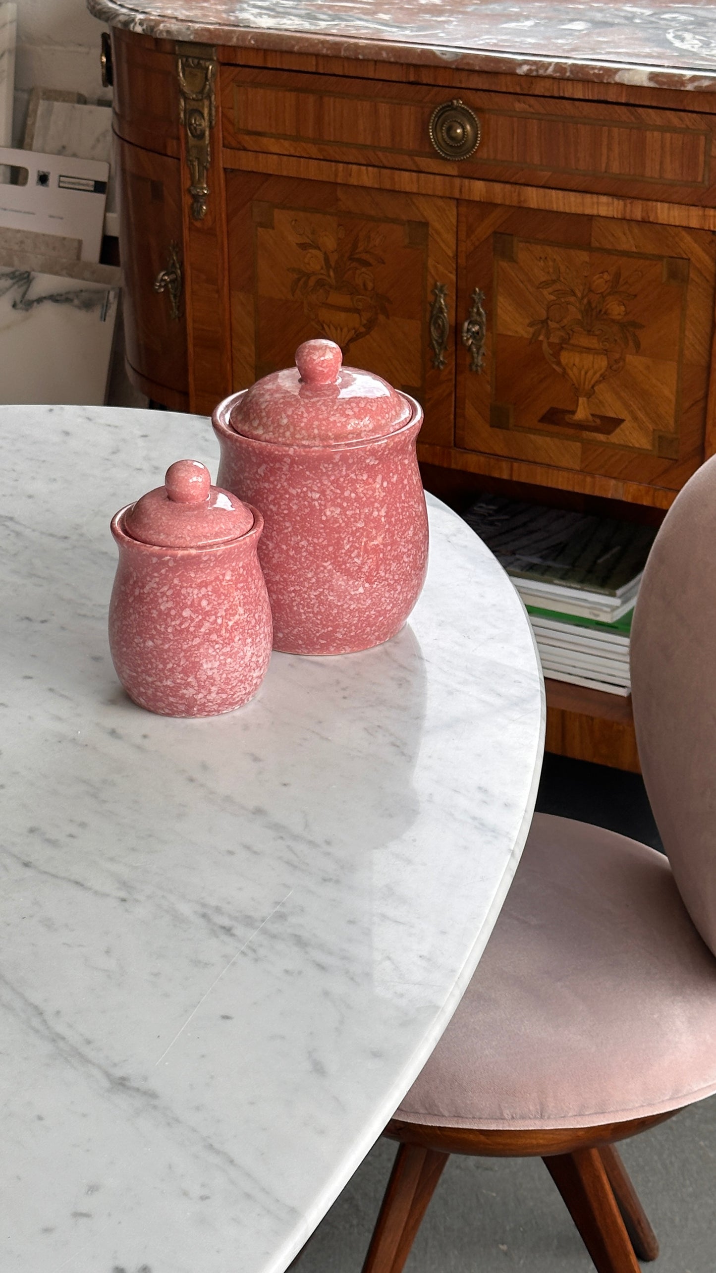 Pair of Pink Splatter Lidded Jars