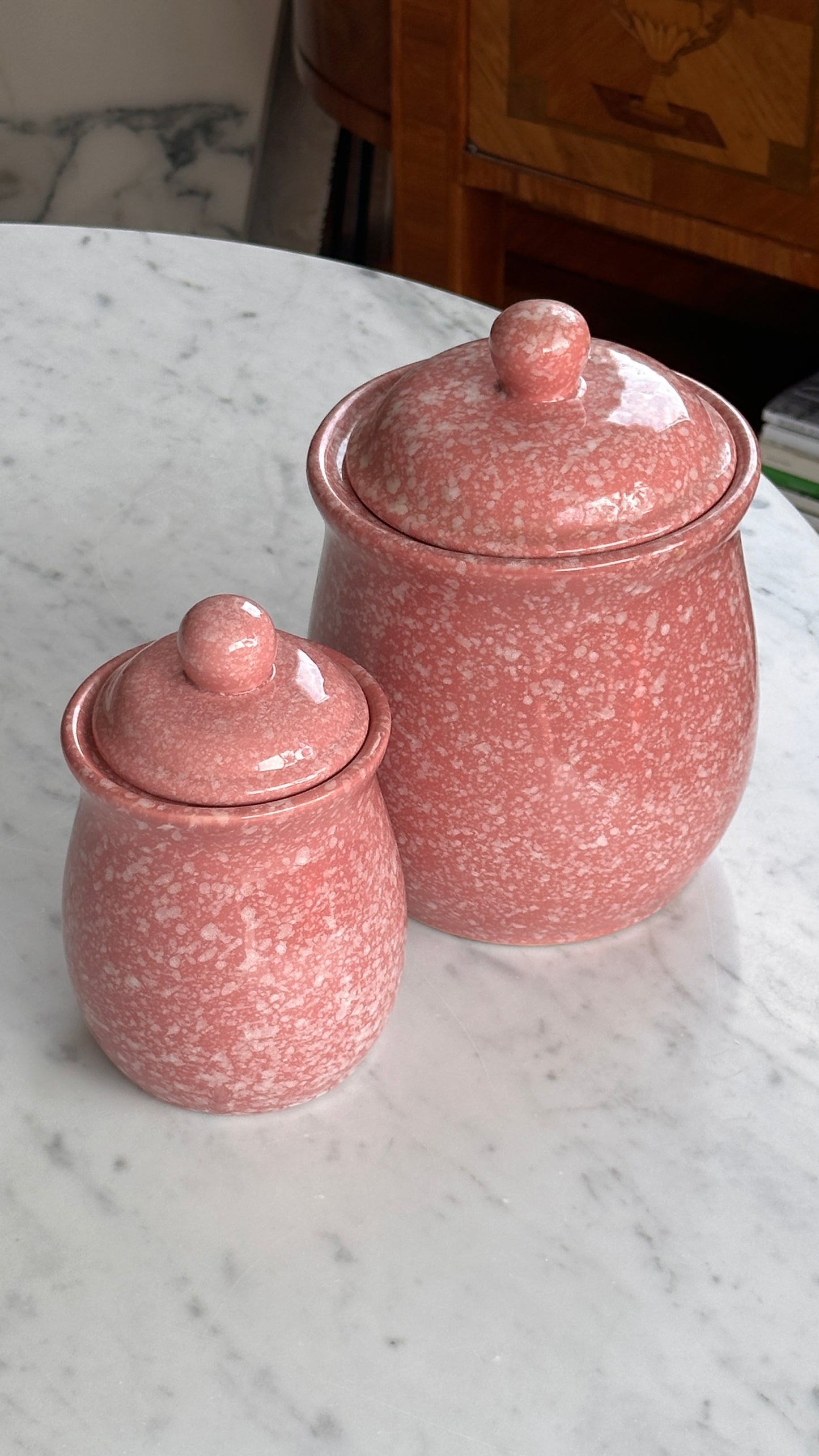 Pair of Pink Splatter Lidded Jars