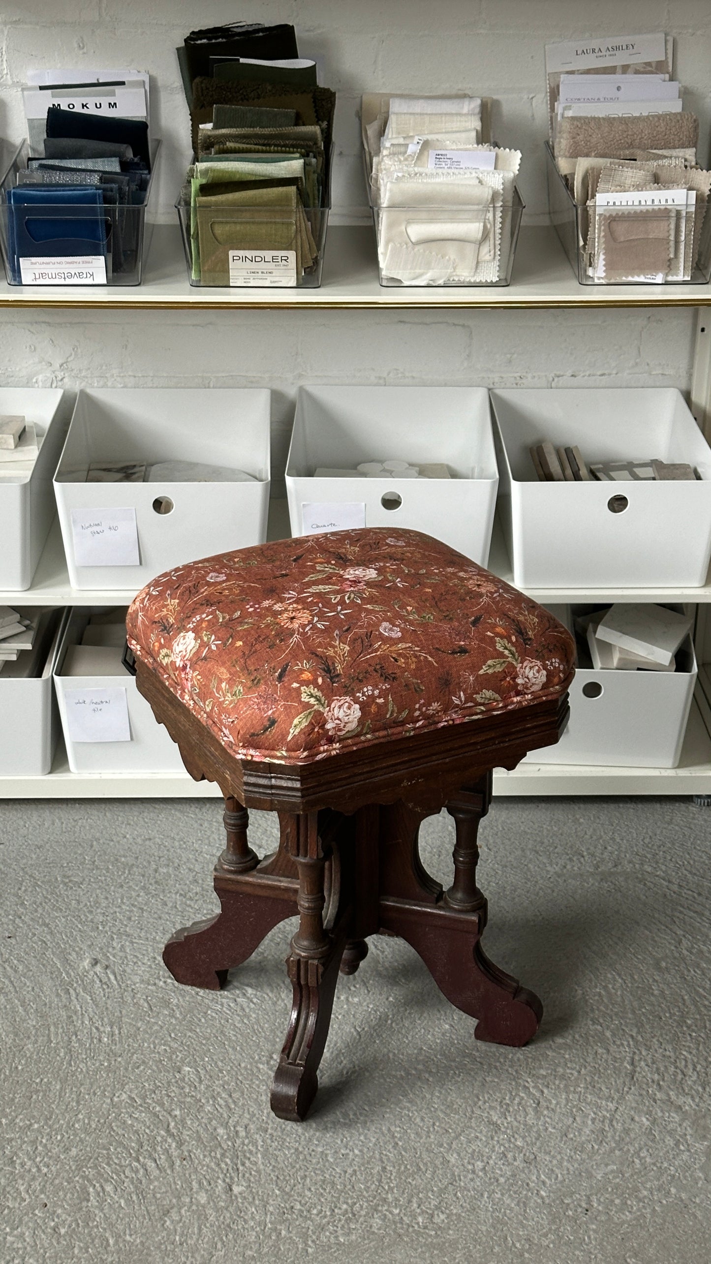 Antique Wooden Piano Stool With New Floral Upholstery