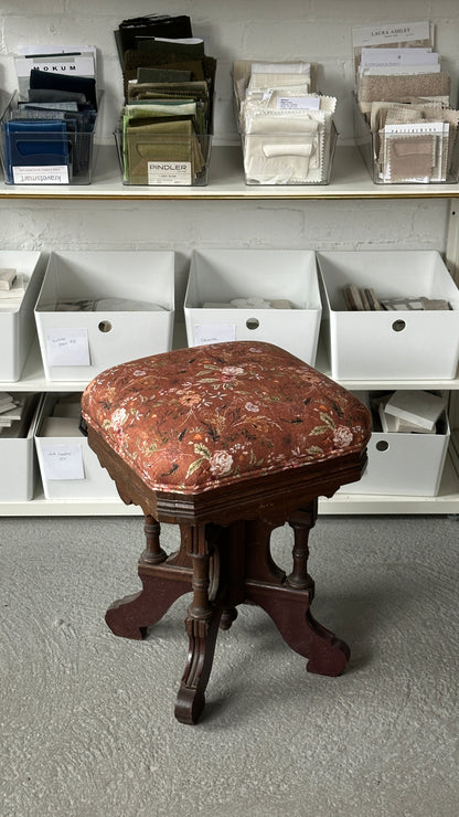 Antique Wooden Piano Stool With New Floral Upholstery