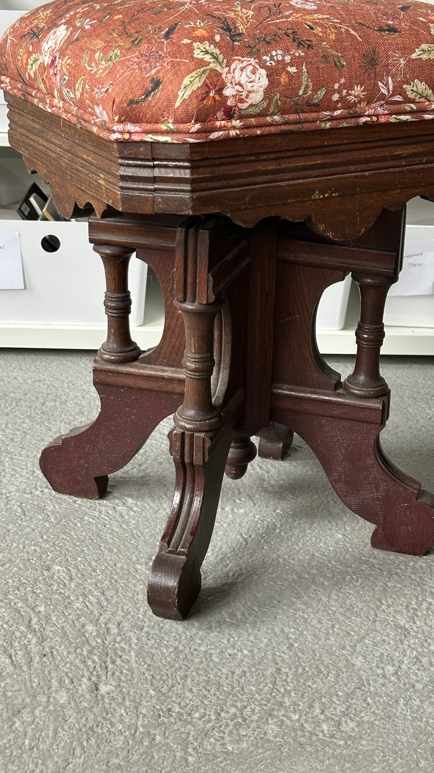 Antique Wooden Piano Stool With New Floral Upholstery