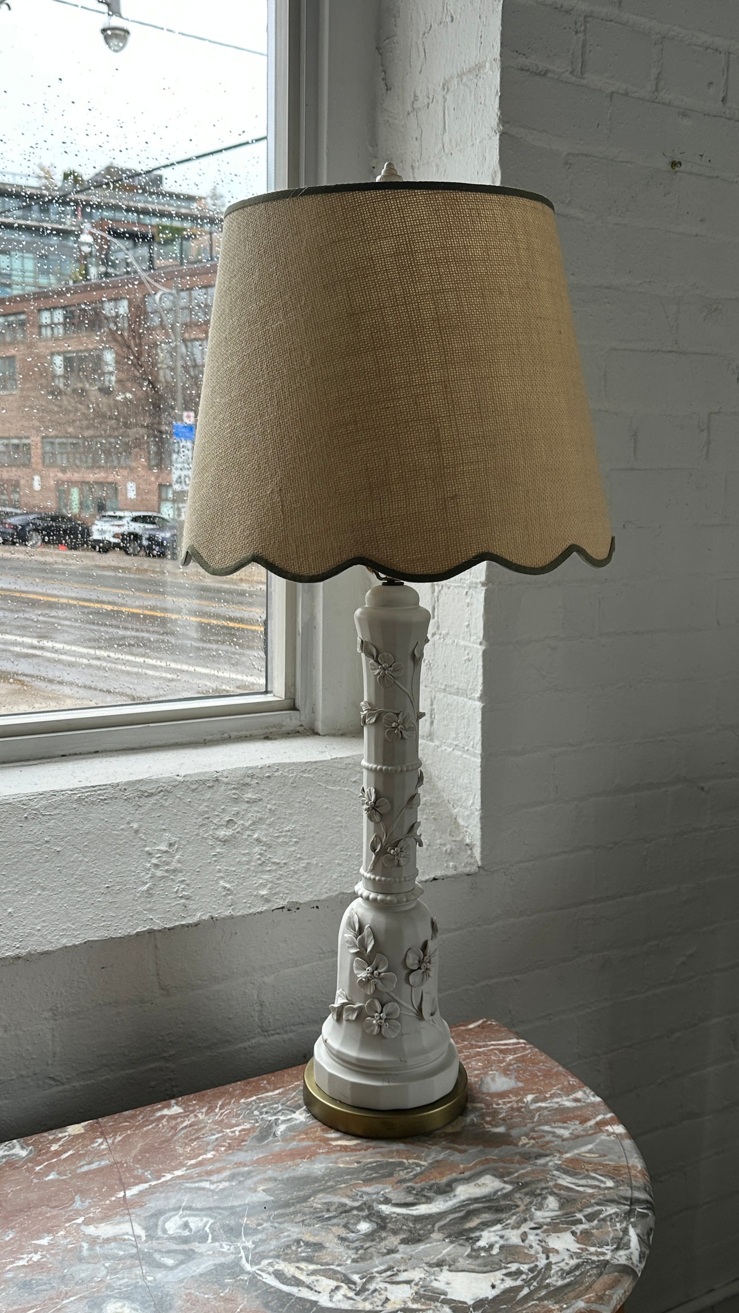 Vintage Porcelain Table Lamp with Scalloped Rafia Shade