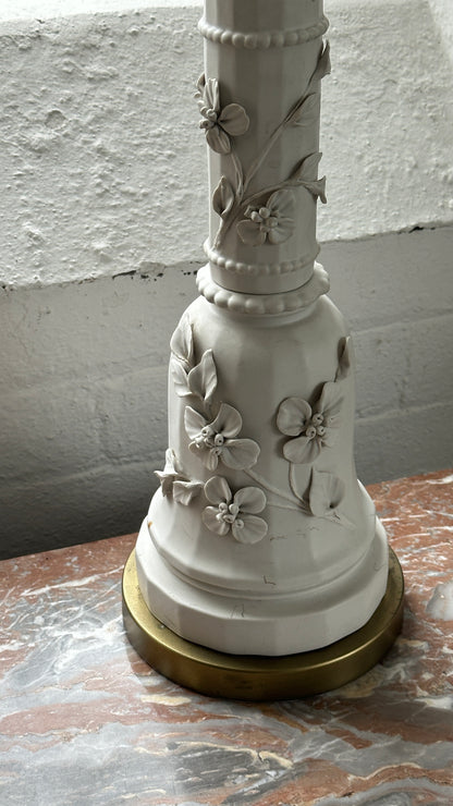 Vintage Porcelain Table Lamp with Scalloped Rafia Shade