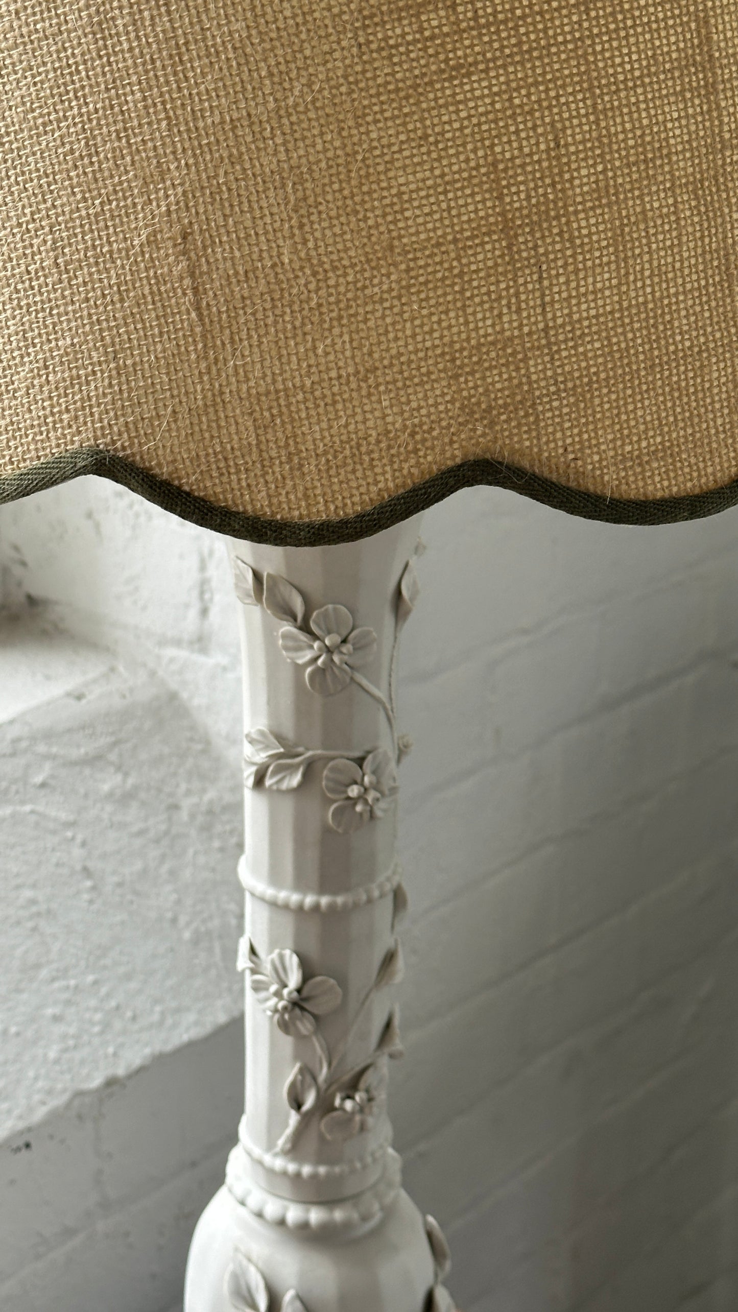 Vintage Porcelain Table Lamp with Scalloped Rafia Shade