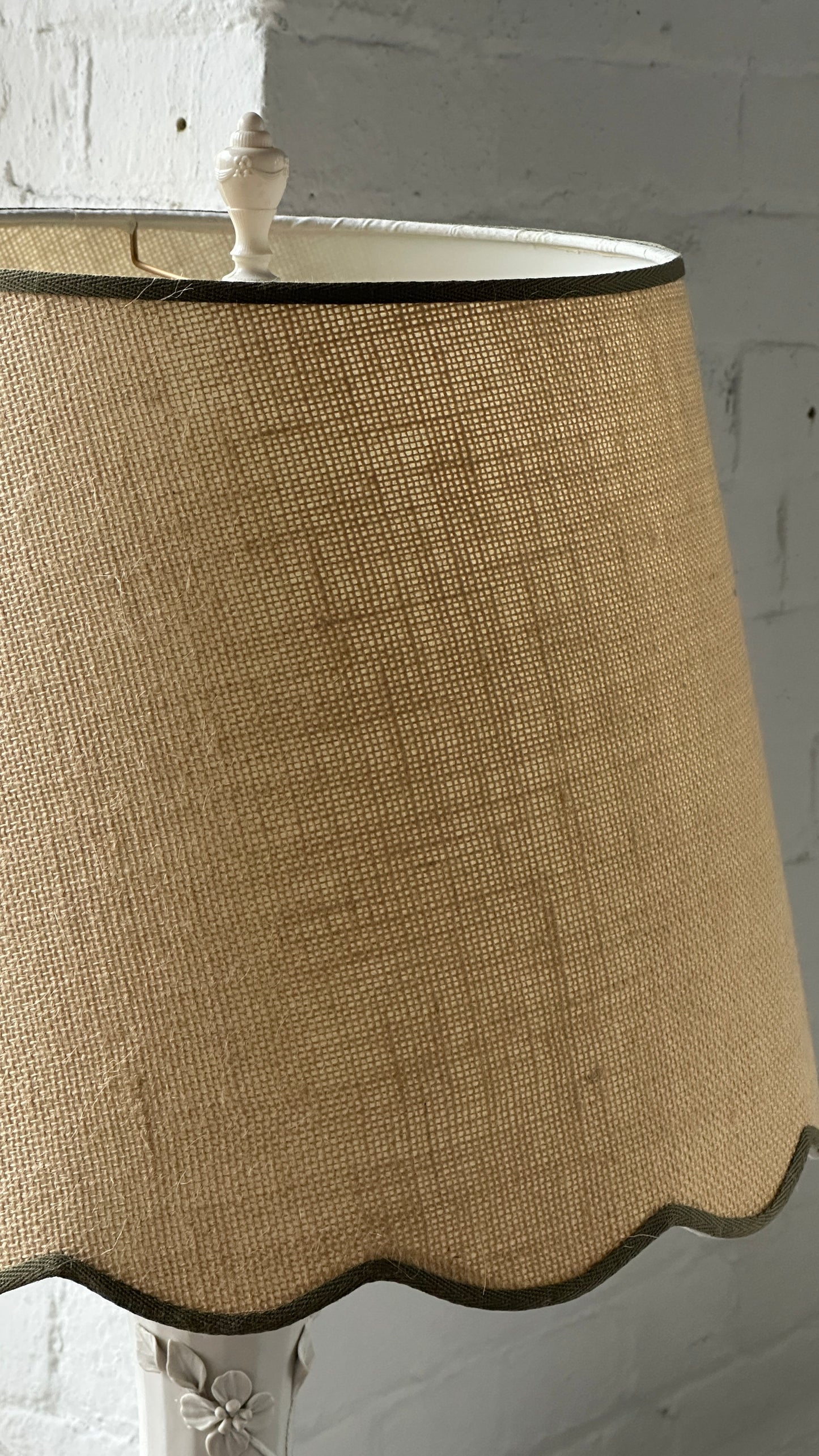 Vintage Porcelain Table Lamp with Scalloped Rafia Shade