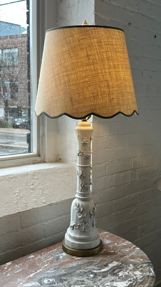Vintage Porcelain Table Lamp with Scalloped Rafia Shade