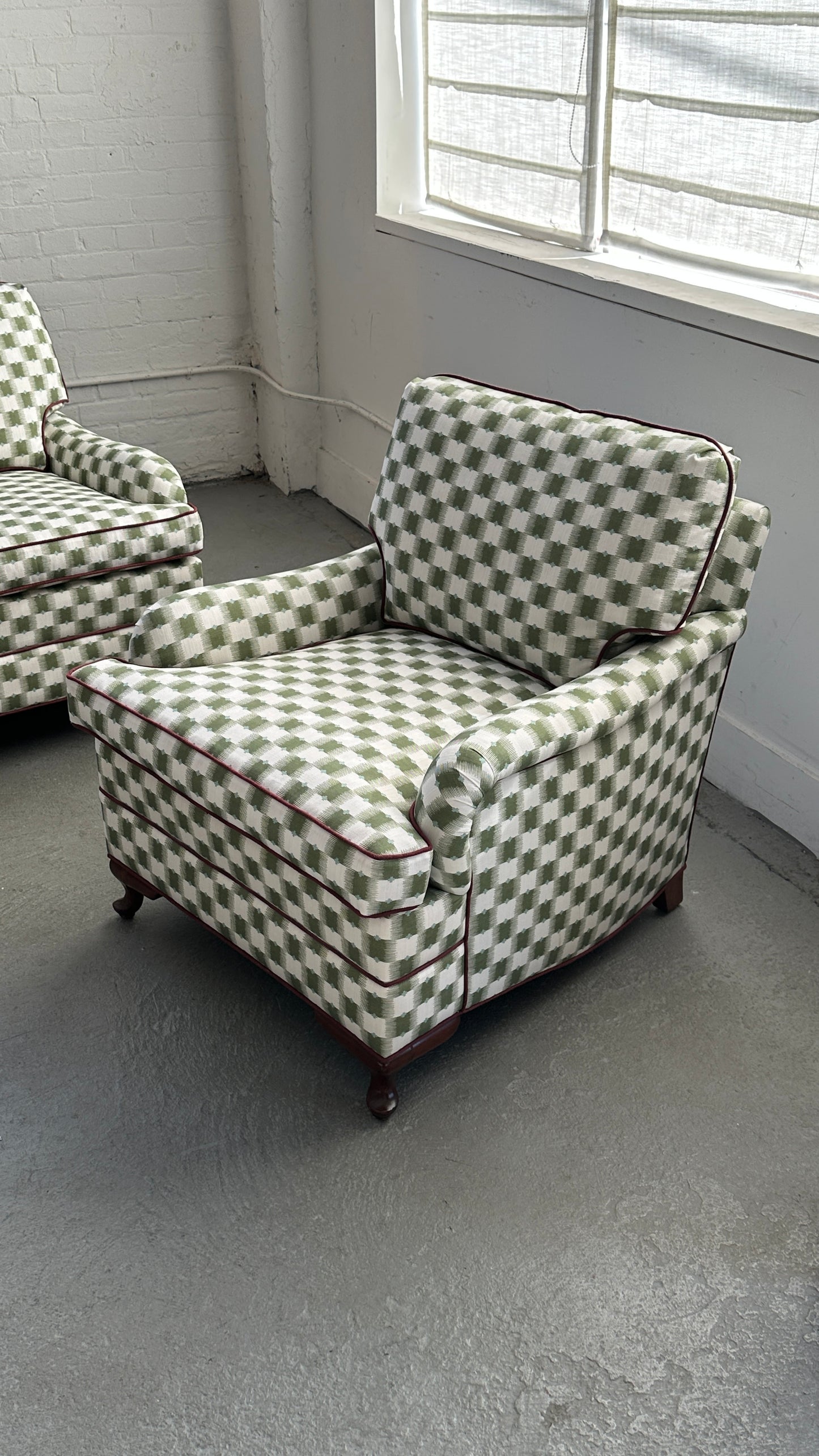 Pair of Upholstered Roll Arm Accent Chairs