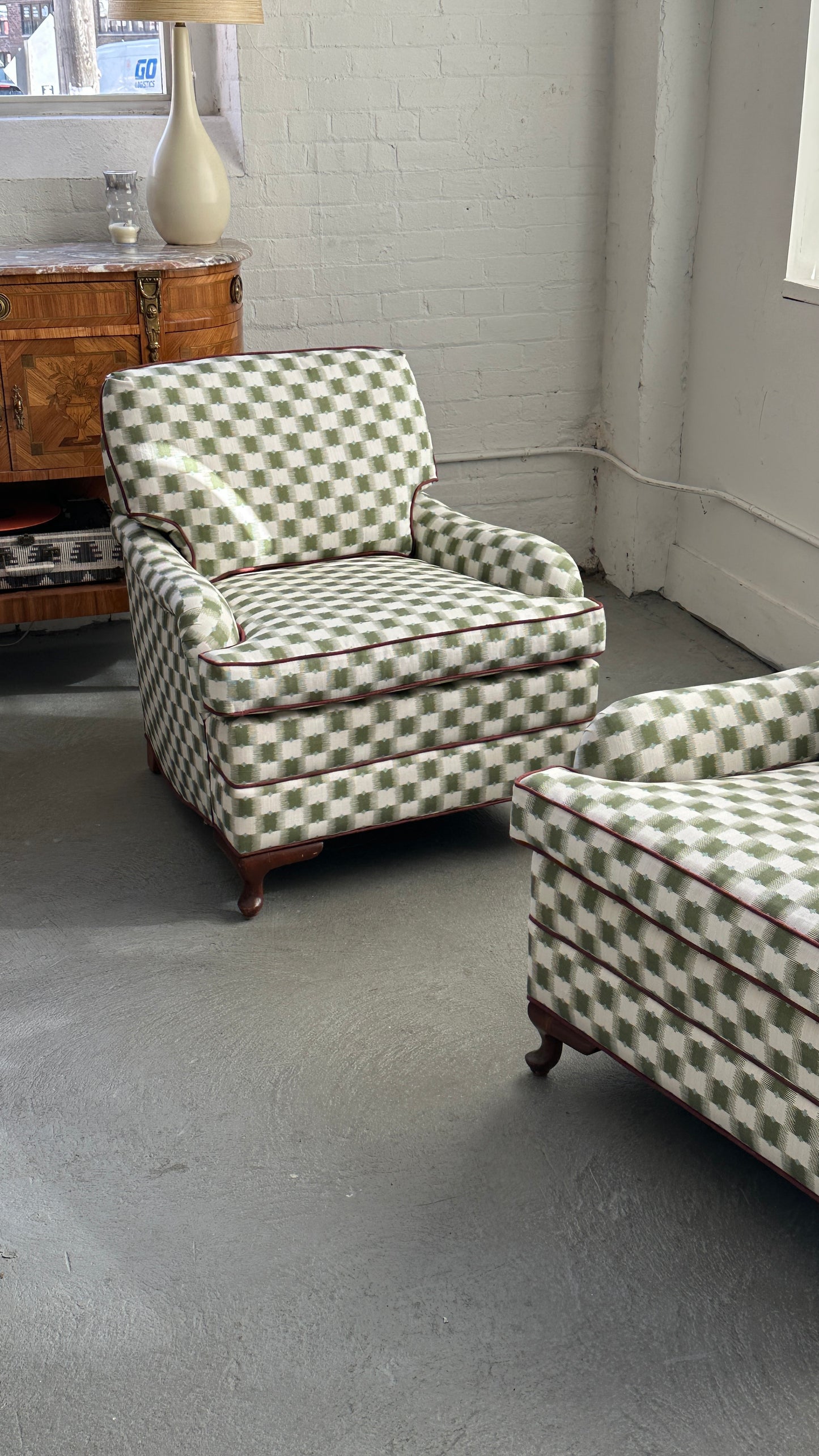 Pair of Upholstered Roll Arm Accent Chairs